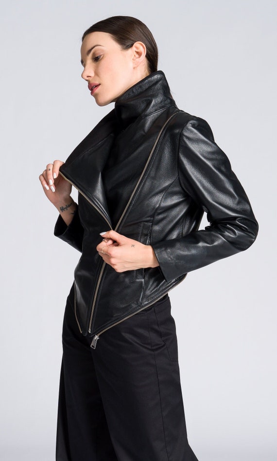 Asymmetric Zipper Leather Jacket A92073 - Etsy