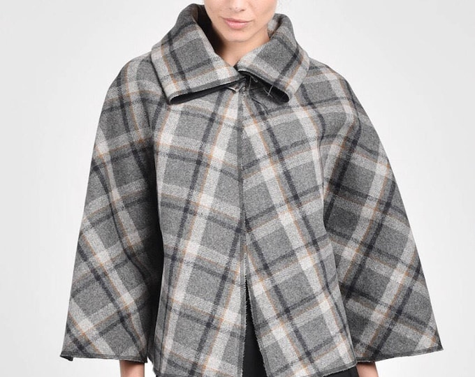 Autumn  Winter  Wool Grey Bolero with Plaids  Extravagant Jacket Wool Cashmere Blend Coat  by Aakasha A01150
