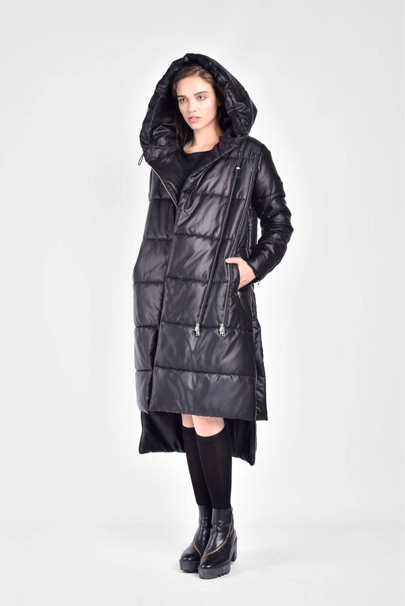 NEW Winter Coat Asymmetric Black Quilted Hooded Coat by Aakasha A20629 image 6