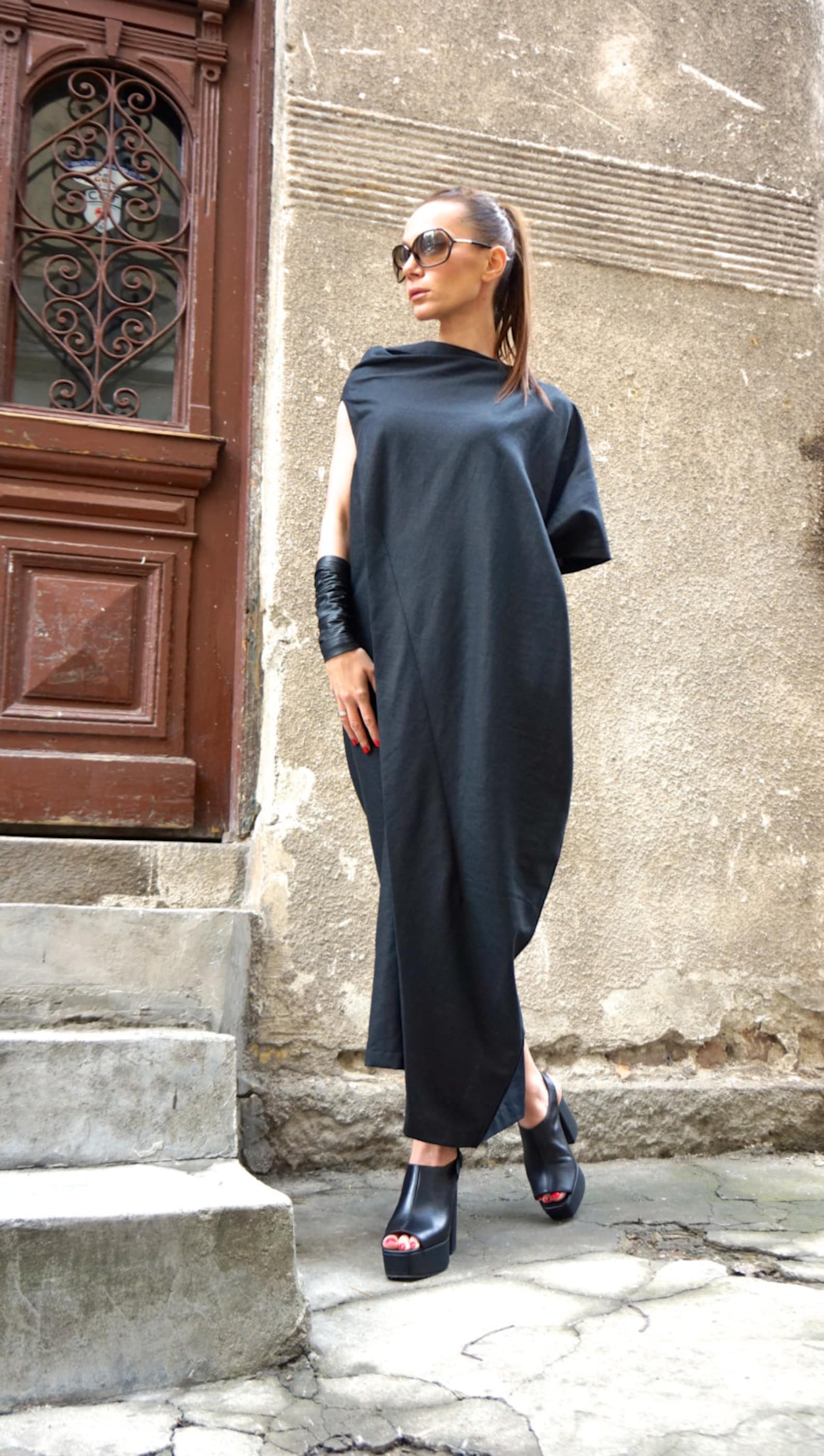 New Maxi Linen Dress / Black Kaftan Linen Dress / One Shoulder | Etsy