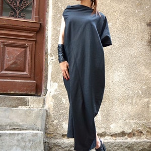 New Maxi Linen Dress / Black Kaftan Linen Dress / One Shoulder Dress ...