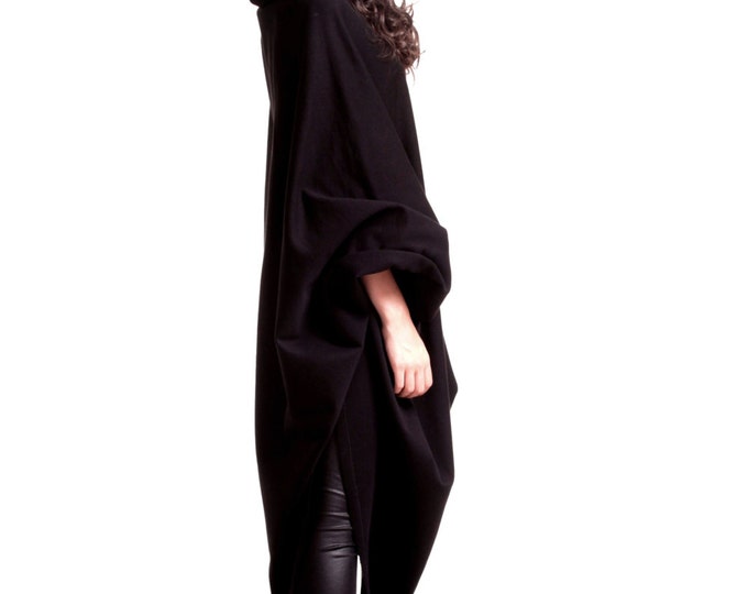 Black Hooded Top /  Extravarant Maxi Asymmetric Hoodie / Quilted Cotton Warm Top/ Oversized Top A07104