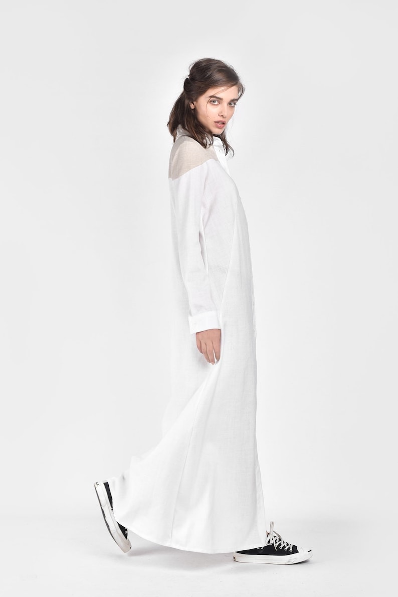 White Linen Maxi Shirt Dress, Long Sleeve Button Down Tunis With ...