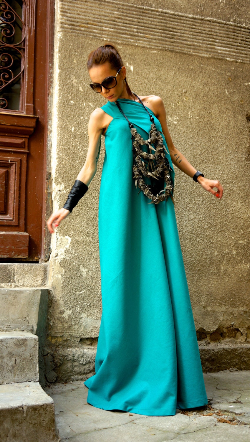 Hot Summer Maxi Dress Pine Green Linen Dress / One Shoulder | Etsy