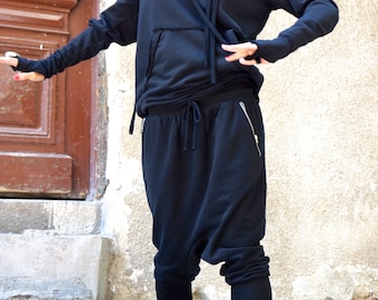 Black Drop Crotch Harem Pants: Casual Cotton Leggings Zipper Side Pockets