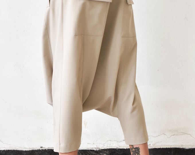 New Beige Casual 7/8 Drop Crotch Pants by Aakasha A05739