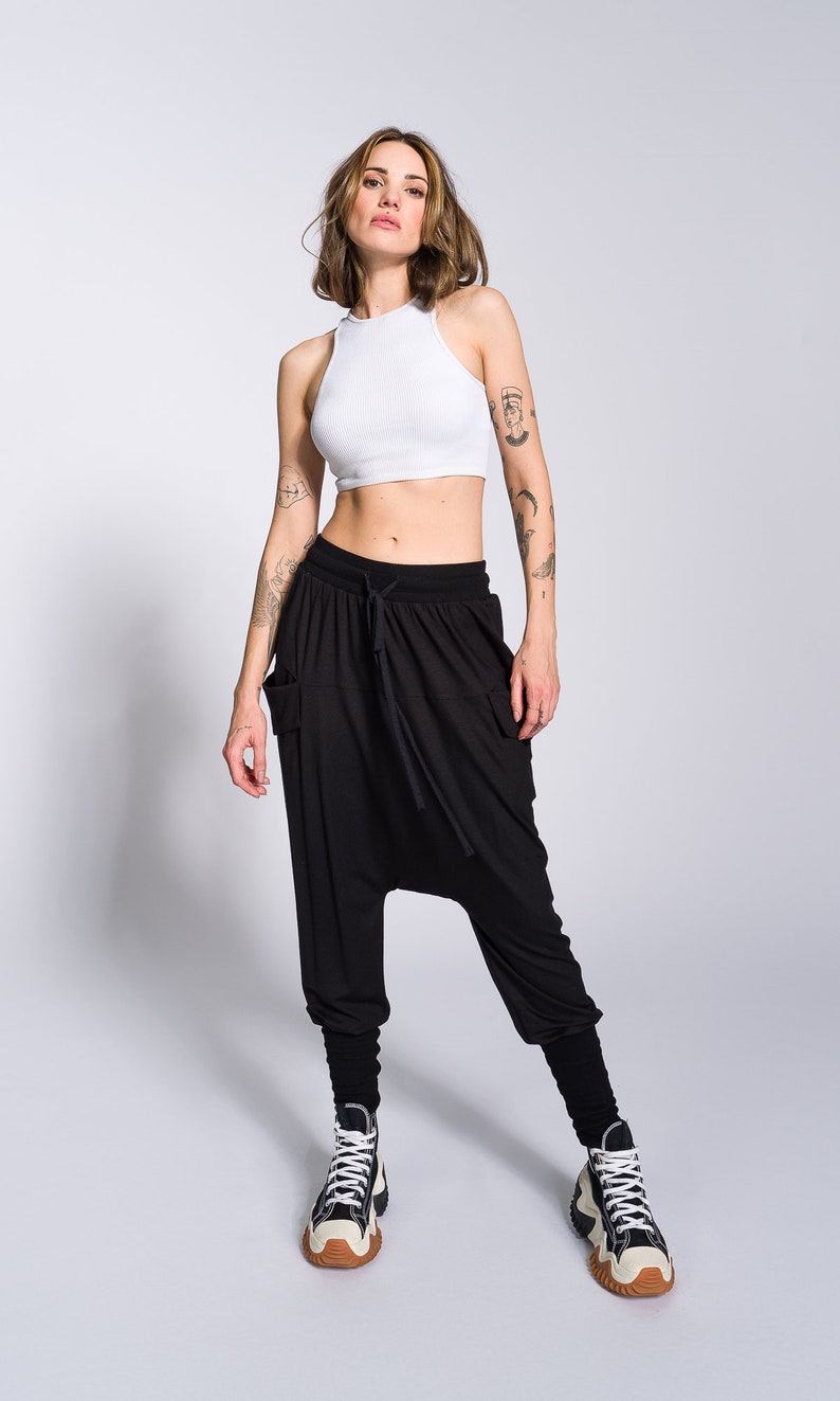 Loose Drop Crotch Pants with Ribbed Cuffs image 2