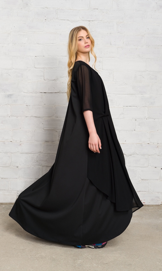 knit maxi long sleeve dress Aldiana Long Sleeve Asymmetric Maxi Dress in Sheer Knit Black