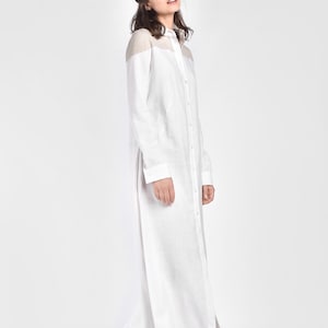 White Linen Maxi Shirt Dress, Long Sleeve Button Down Tunis with Pockets A03687
