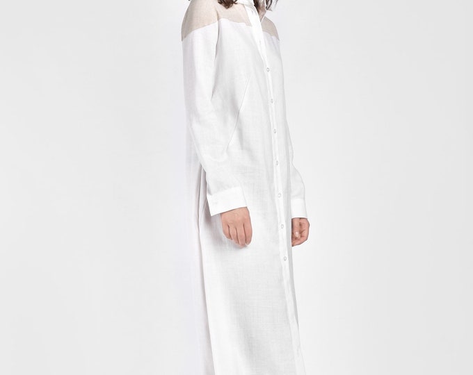 NEW  Extra Long White Linen Shirt Dress / Maxi Long Sleeves white shirt by AAKASHA A03687