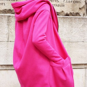 NEW Lined Warm Asymmetric Extravagant Hot Pink Hooded Coat / Quilted Lined Cotton Jacket / Thumb Holes / Outside and Inside pockets A07177 image 5