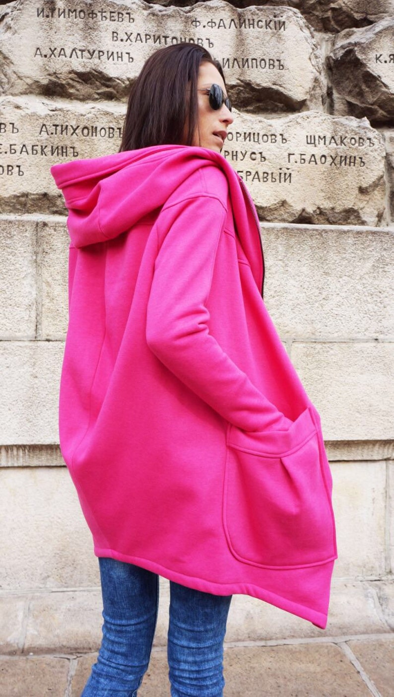 NEW Lined Warm Asymmetric Extravagant Hot Pink Hooded Coat / Quilted Lined Cotton Jacket / Thumb Holes / Outside and Inside pockets A07177 image 5