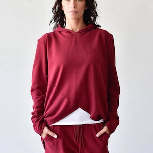 Asymmetric Long Sleeves Hooded Sweatshirt Burgundy asymmetrical Top  by Aakasha A12239