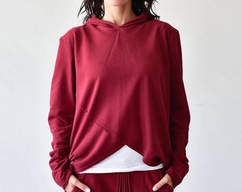 Asymmetric Long Sleeves Hooded Sweatshirt Burgundy asymmetrical Top  by Aakasha A12239