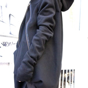 Autumn / Winter Asymmetryc Extravagant Black Hoodded Coat / Wool Coat / Wool Cashmere Blend A07079 image 1