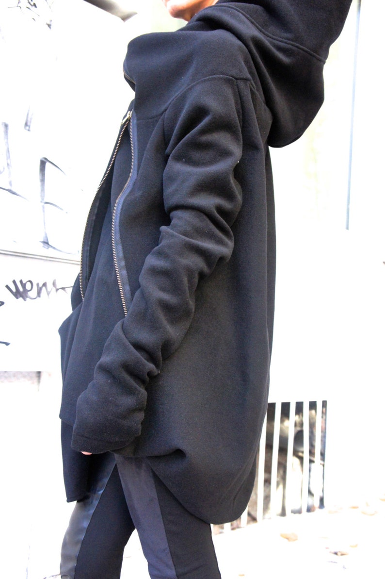 Autumn / Winter Asymmetryc Extravagant Black Hoodded Coat / Wool Coat / Wool Cashmere Blend A07079 image 1