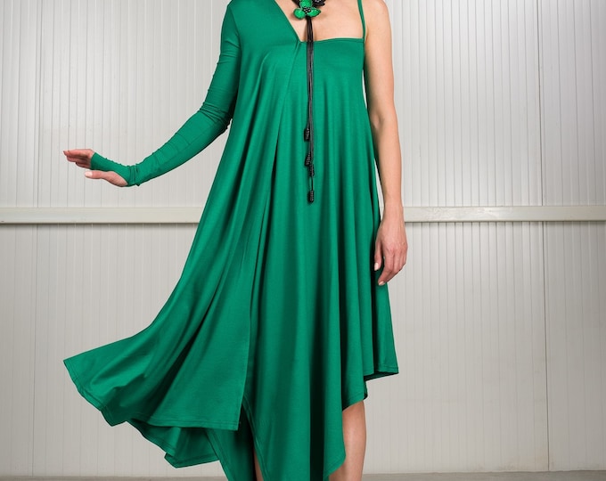 Plus Size One Shoulder Viscose Dress, Thumb Hole Sleeve Party Dress