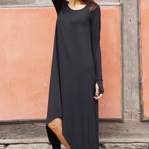 Black Loose Maxi Long Sleeves Top /Soft Asymmetric Casual  Wear /Maxi Dress with Thumb Holes / Extravagant Tunic Top A03535