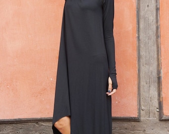 Black Loose Maxi Long Sleeves Top /Soft Asymmetric Casual  Wear /Maxi Dress with Thumb Holes / Extravagant Tunic Top A03535