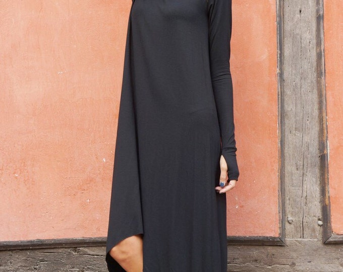 NEW Fall Black Loose Maxi Long Sleeves Top /Soft Asymmetric Casual  Wear /Maxi Dress with Thumb Holes / Extravagant Tunic Top A03535