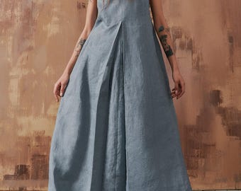 Linen Maxi Dress Hood Kaftan with pockets A Line Summer Gown V neck Bohemian Clothing