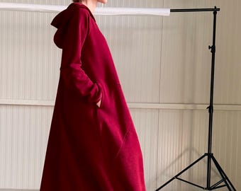Women's Cotton Hooded Maxi Kaftan Dress Side Pockets Relaxed Oversized Full Length Sustainable