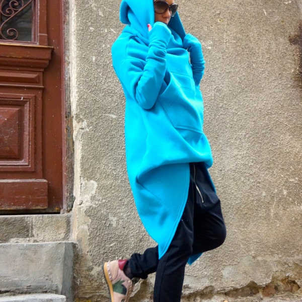 NEW Turquoise Extravagant Maxi Asymmetric Hoodie / Quilted Cotton Fleece Warm  Top / Extra Long Sleeves / Thumb holes by AAKASHA  A08023