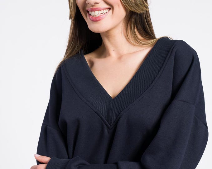 V Neck Cotton Sweatshirt / Sexy loose off  shoulder top / Handmade   by AAKASHA A92362