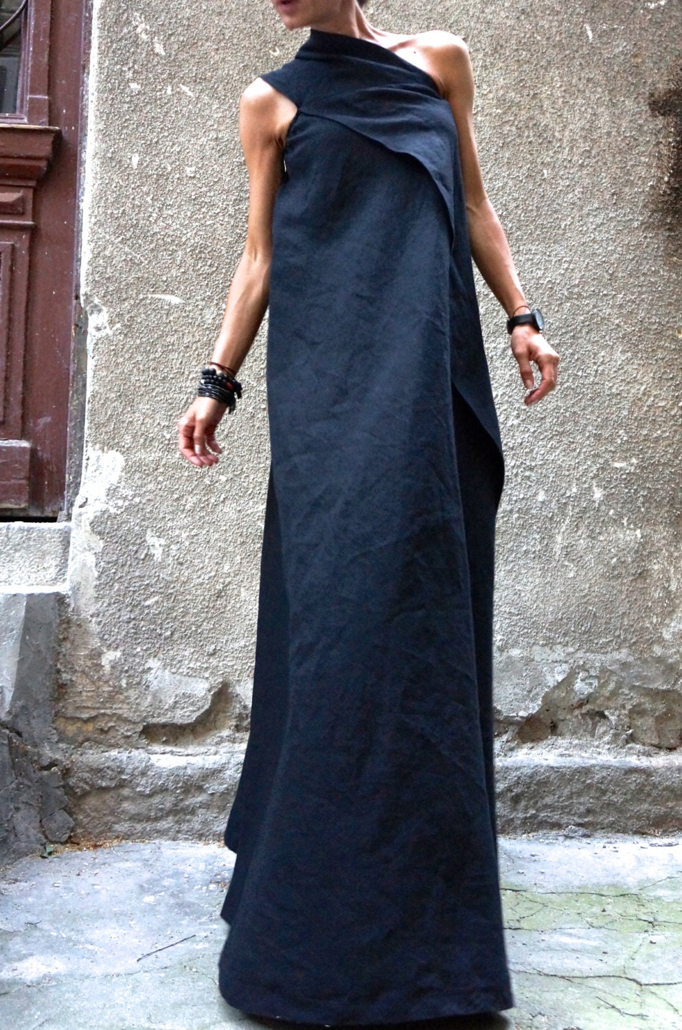 Maxi Dress / Black Kaftan Linen Dress / One Shoulder Dress Maxi Dress / Black Kaftan Linen Dress / One Shoulder Dress