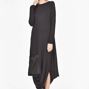 New  Maxi Dress / Black Kaftan Viscose  Dress /Large Front Linen Pocket/ Extravagant Viscose Party Dress /Daywear Dress by Aakasha A03597