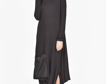 Plus Size Maxi Dress, Black Kaftan Viscose Dress, Large Front Linen Pocket, Extravagant Viscose Party Dress /Daywear Dress by Aakasha A03597