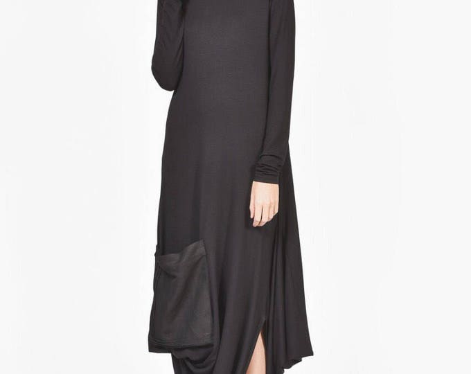 New  Maxi Dress / Black Kaftan Viscose  Dress /Large Front Linen Pocket/ Extravagant Viscose Party Dress /Daywear Dress by Aakasha A03597