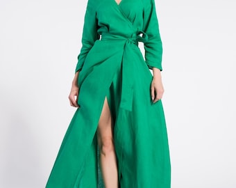 Linen  Dress Maxi Wrap Gown : Long Sleeve Bohemian Summer Dress with pockets