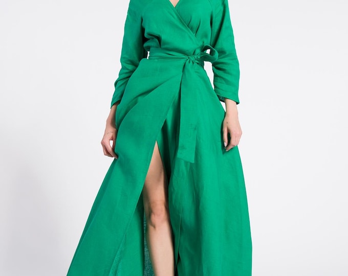 Linen Maxi Dress ,Wrap Linen Dress with belt and pockets , Summer long sleeves Dress, Party dress , Bohemian Flowing Dress