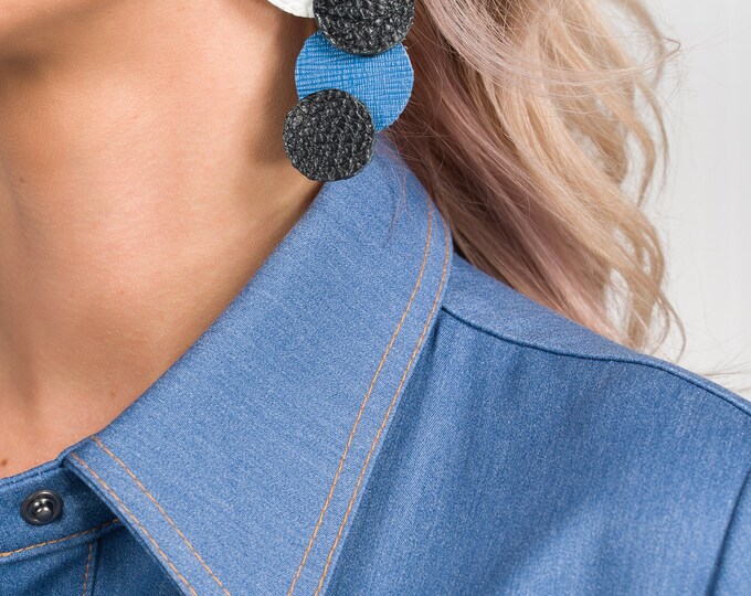 Blue and White Leather Circles Earrings A92223