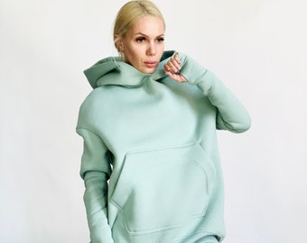 Warm Extravarant Maxi Asymmetric Hoodie /  Fleece Cotton Warm  Top