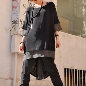 NEW  Black  TENCEL  / Grey chiffon   Loose Extravagant Shirt / Asymmetric shirt / Oversize Summer Top by Aakasha A12117