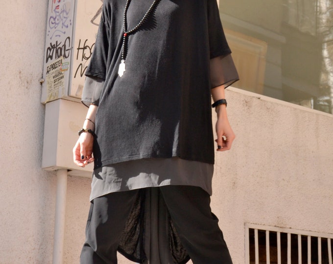 NEW  Black  TENCEL  / Grey chiffon   Loose Extravagant Shirt / Asymmetric shirt / Oversize Summer Top by Aakasha A12117