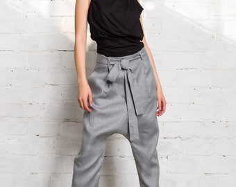 Linen Drop Crotch Pants with Belt A92176