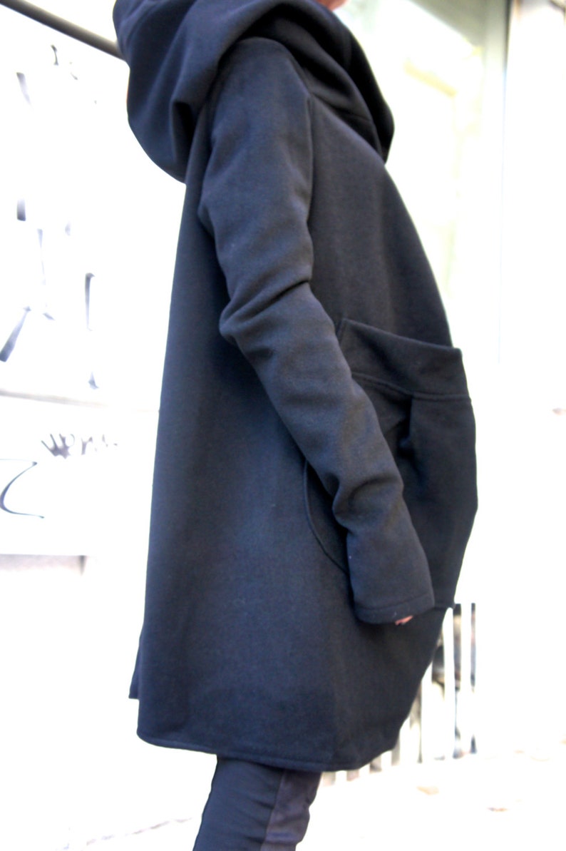 Autumn / Winter Asymmetryc Extravagant Black Hoodded Coat / Wool Coat / Wool Cashmere Blend A07079 image 4