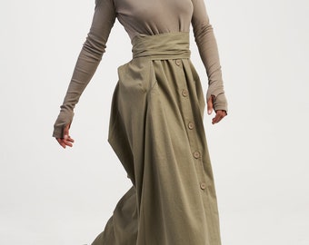 Maxi Linen Dress with Belt , Flowing Loose Autumn Butroned  Dress with sleeves A03962