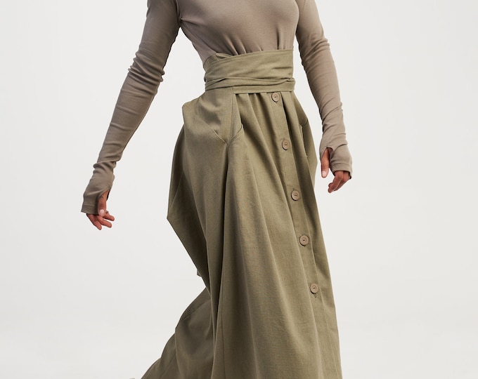 Maxi Linen Dress with Belt , Flowing Loose Autumn Butroned  Dress with sleeves A03962