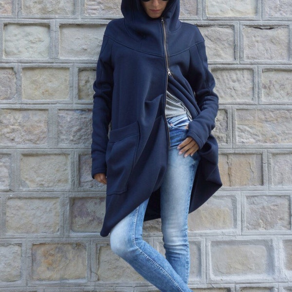 NEW Lined Warm Asymmetric Extravagant Navy Hooded Coat / Quilted Lined Cotton Jacket / Thumb Holes / Outside and Inside pockets A07177