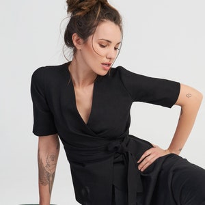 Linen Summer Wrap Too , Short Sleeves Linen OEKO-TEX Certified Linen  Top with Belt, Handmade by Aakasha