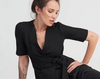 Linen Summer Wrap Top, Short Sleeve Blouse with Belt, Handmade Midi Sleeves Shirt