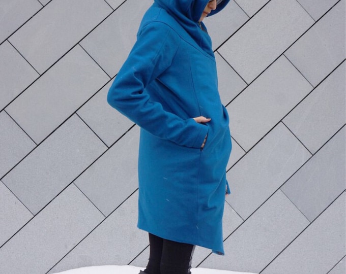 Extra Warm Quilted Winter Asymmetric Extravagant Blue/ Teal  Hooded Coat/ Wool/Cashmere Blend/ Double Zipper/Large Pocket Coat A07337