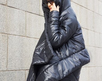 Winter Extra Warm Asymmetric Extravagant Black Hooded Coat Winter Extra Warm Asymmetric Extravagant Black Hooded Coat