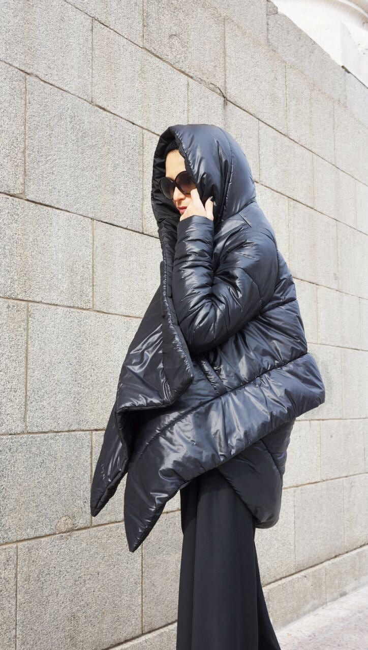 NEW Winter Extra Warm Asymmetric Extravagant Black Hooded Coat Clothing Womens Clothing Hoodies & Sweatshirts Waterproof Windproof Quilted with Side Pockets   by Aakasha A07550 