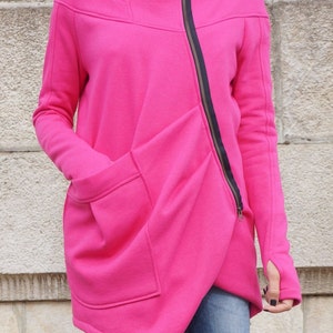 NEW Lined Warm Asymmetric Extravagant Hot Pink Hooded Coat / Quilted Lined Cotton Jacket / Thumb Holes / Outside and Inside pockets A07177 image 2