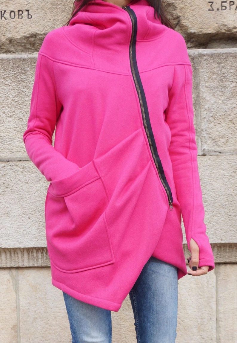 NEW Lined Warm Asymmetric Extravagant Hot Pink Hooded Coat / Quilted Lined Cotton Jacket / Thumb Holes / Outside and Inside pockets A07177 image 2